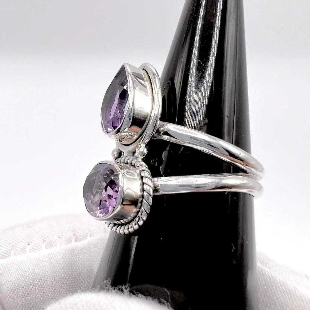 Genuine Faceted Amethyst Oval & Tear Drop .925 Sterling Silver Ring - Picture 7 of 17